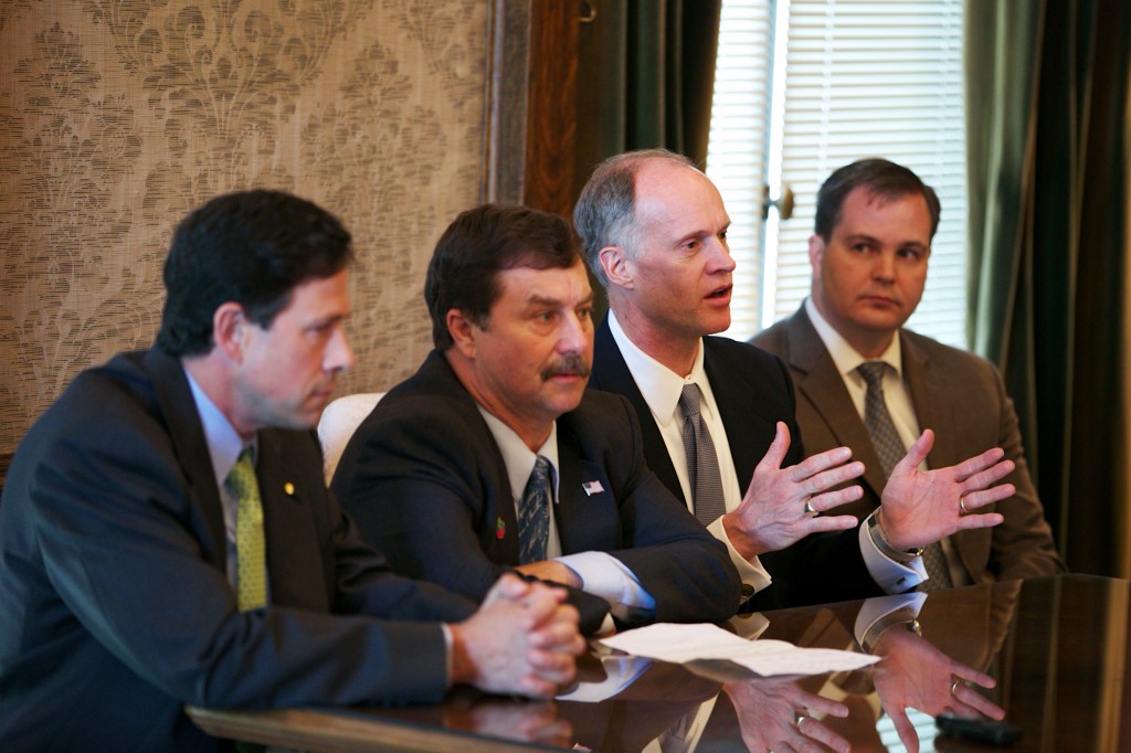 Senate Leaders meet with the press after passing their budget on Saturday.