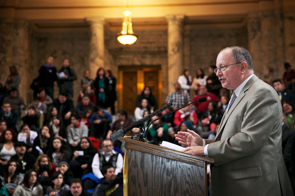Sen. Mike Padden speaks at the Latino Legislative Day Rally in the rotunda at the Washington State Capitol in Olympia, February 10, 2014. The Wenatchee High School Mariachi band performed during the rally.